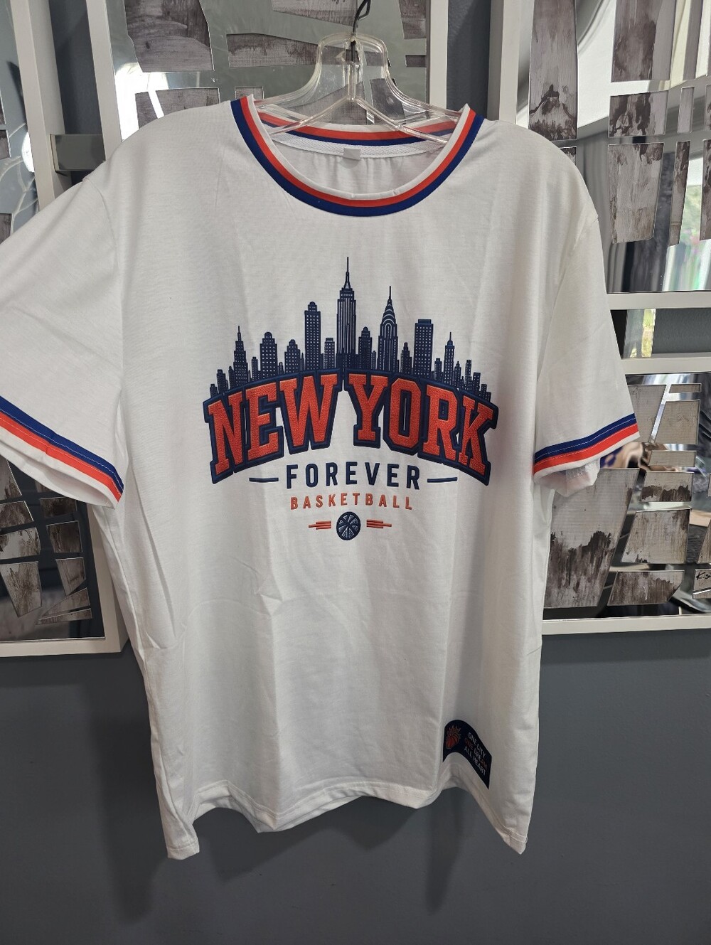 New York Forever Basketball Graphic Tee - White with Blue & Orange. Large. New